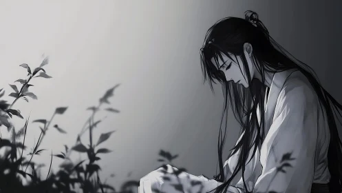 Melancholic swordsman rests alone in a misty grayscale field