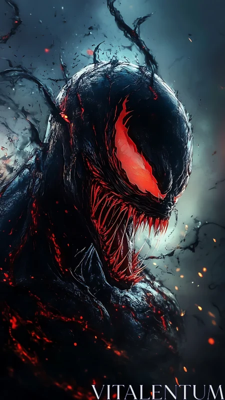 Demonic alien symbiote with blazing red eyes and fangs.