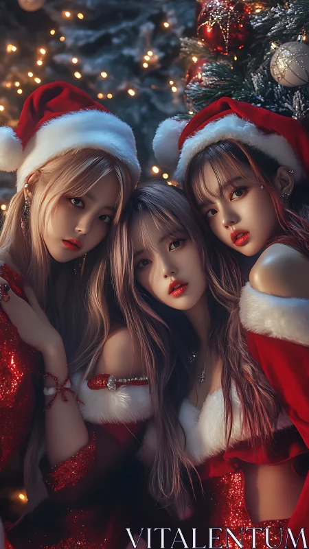 Three digital women in red Santa outfits at Christmas.
