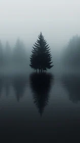 Minimalist conifer silhouette with mirrored lake reflection.