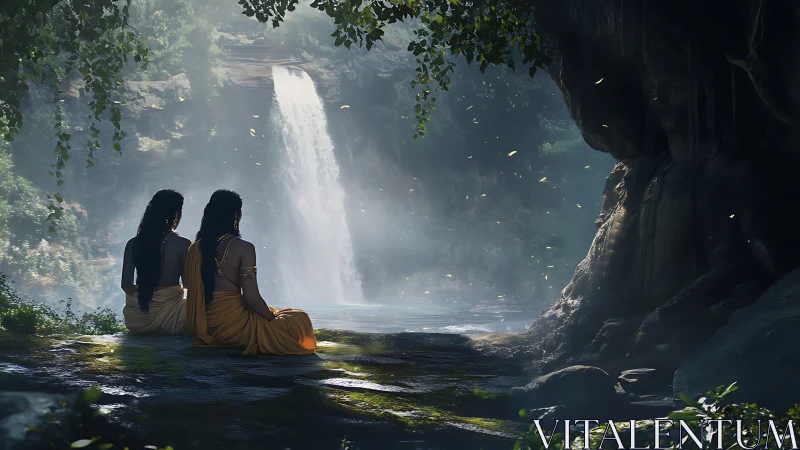 Serene friends resting by a misty waterfall in soft light.