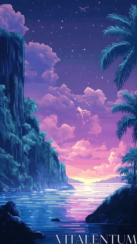 Pixel art landscape depicting tropical cove at sunset hour.