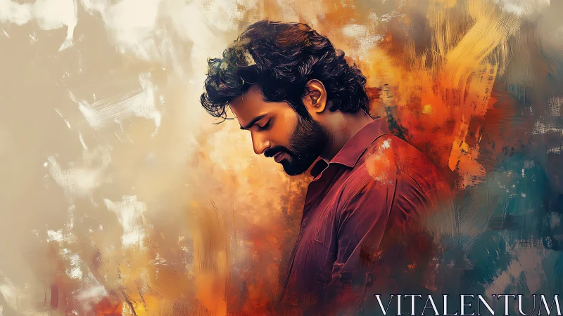 Profile portrait of pensive man in warm abstract brushwork