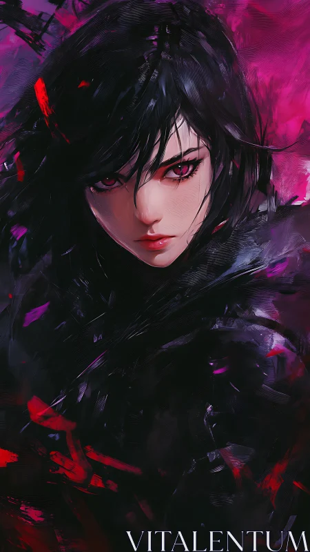 Digital painting portrait with crimson-eyed femme fatale focus.