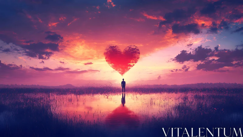 Silhouetted Figure Beneath Cardioid Sunset Phenomenon in Marshy Terrain.