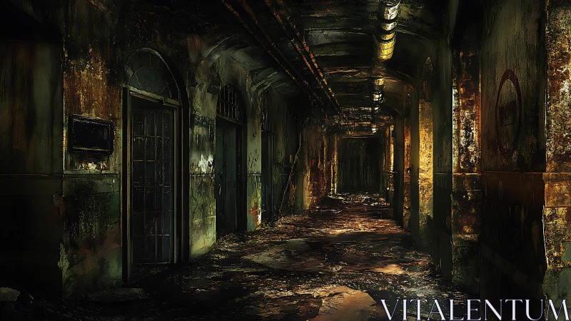 Decayed underground corridor with rusted doors and pipes.