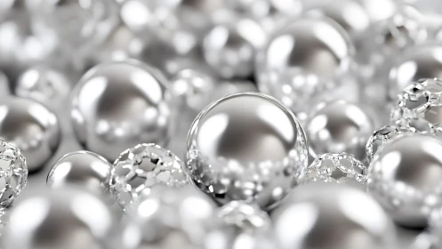 Gleaming chrome orbs and latticed spheres in silky blur.
