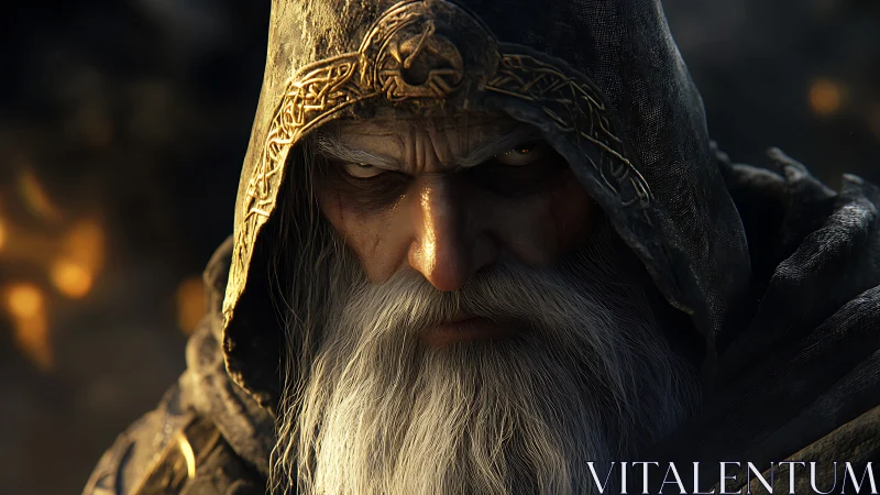 Hooded elderly male character rendered in detailed 3D closeup