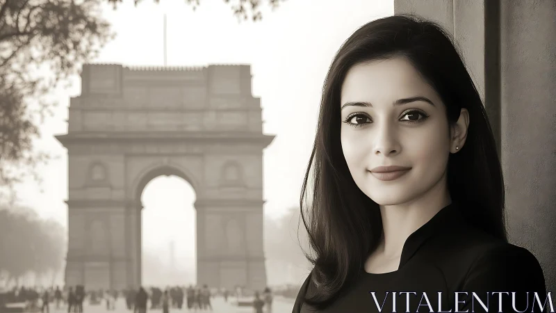 Monochrome portrait near monumental stone triumphal archway.
