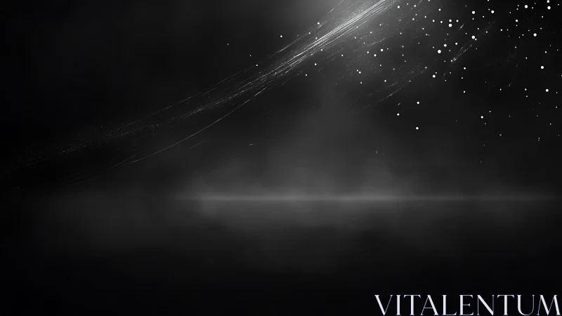 Luminous particles arc across dark misty abstract space