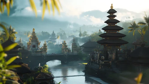 Misty river valley reveals layered Balinese temple complex at dawn