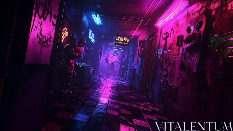 Neon nightmare corridor with lurking animatronic bunny sentinel.