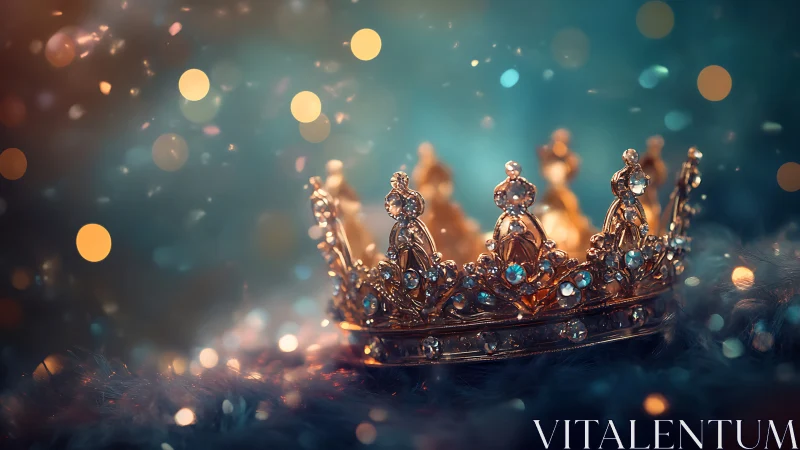 Jeweled gold crown glows against teal bokeh lights.