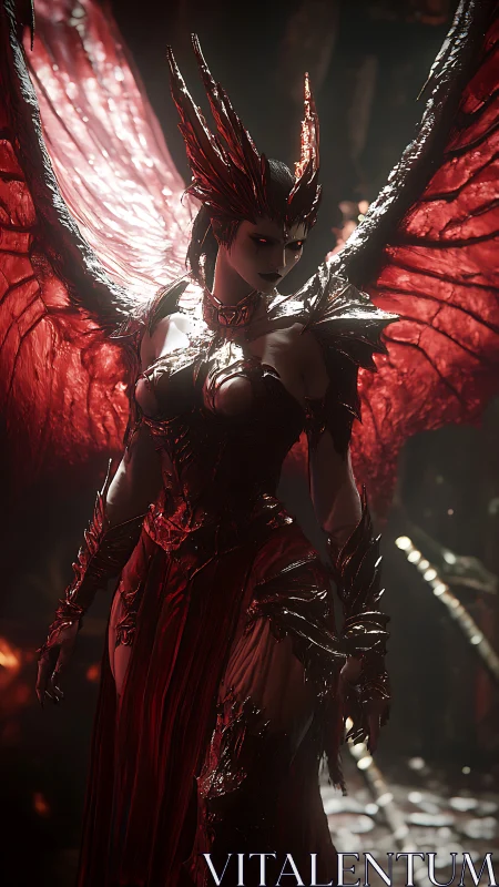 Demonic winged queen stands in molten cavern light