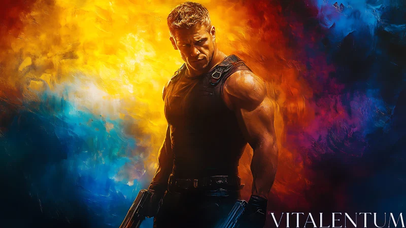 Muscular armed soldier stands against vivid abstract background