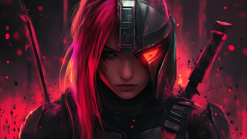Cybernetic femme warrior stares ahead amid neon embers