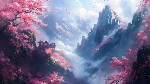 Mountain landscape shows pagodas amid dense cherry blossoms