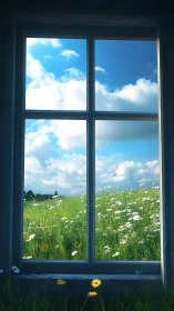 Sunlit wildflower meadow framed by clear window view