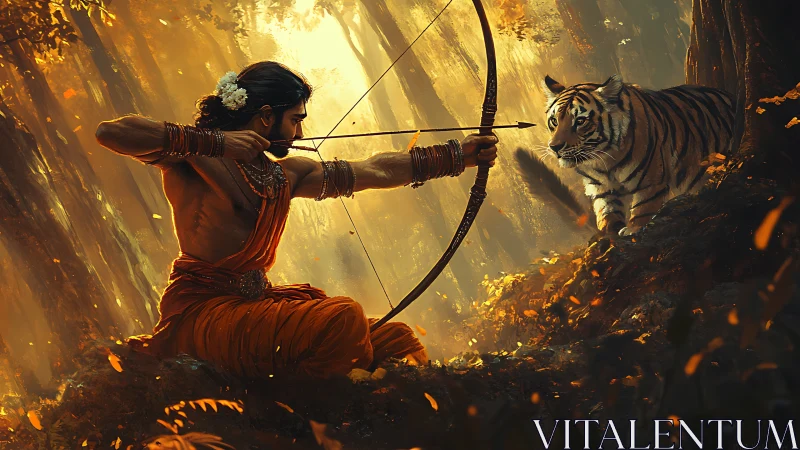 Forest warrior holds still as tiger studies the drawn arrow