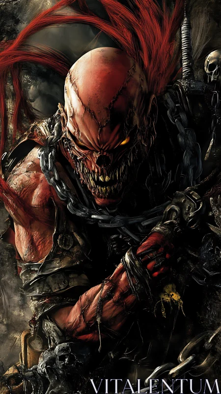 Chainbound demon warlord grinning through molten fury.