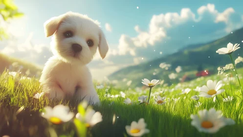 Diffuse-lit puppy in macro meadow depth-of-field study.