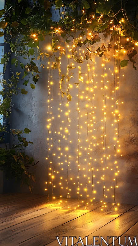 Warm LED curtain fairy lights beside indoor climbing foliage