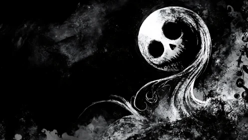 Monochrome skull figure emerges from abstract swirling ground