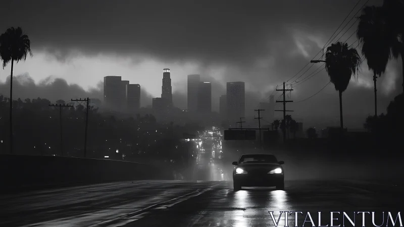 Car approaches on wet city road under dense storm clouds