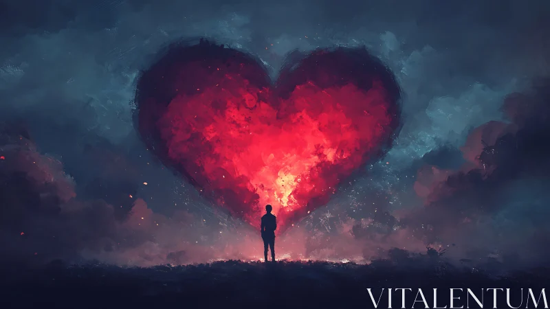 Silhouetted figure stands before a glowing celestial heart