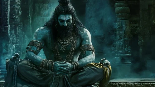 Mythic blue ascetic meditates in mist-filled stone temple