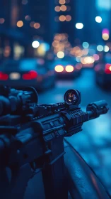 Tactical Rifle with Magnified Optics Under Urban Bokeh Lighting.