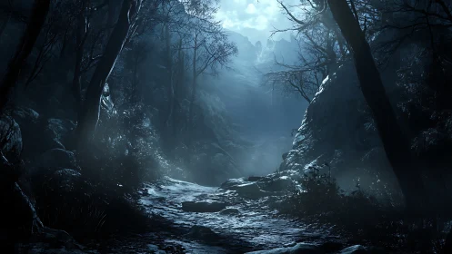 Nocturnal ravine corridor under diffuse lunar backlighting.