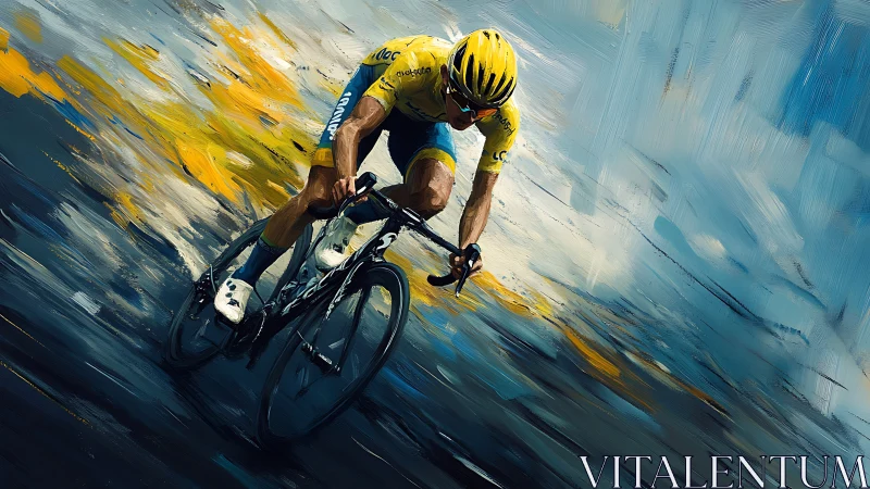 Dynamic road cyclist in yellow kit on abstract oil stroke background