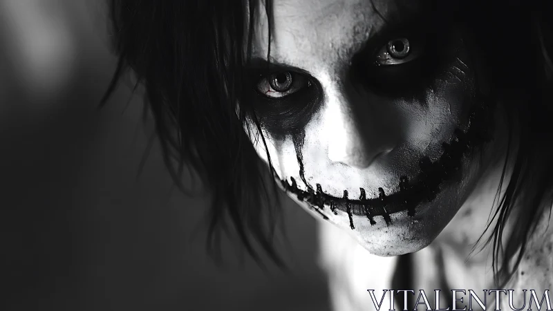 Sinister skull face makeup portrait in harsh contrast.