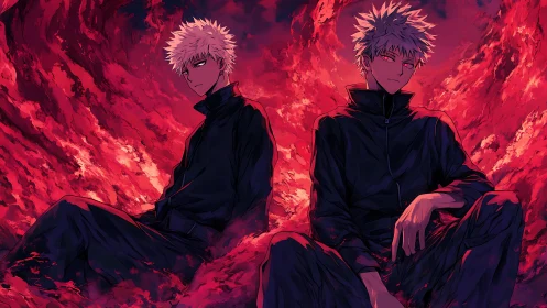Dual white‑haired anime males amid swirling red flames.