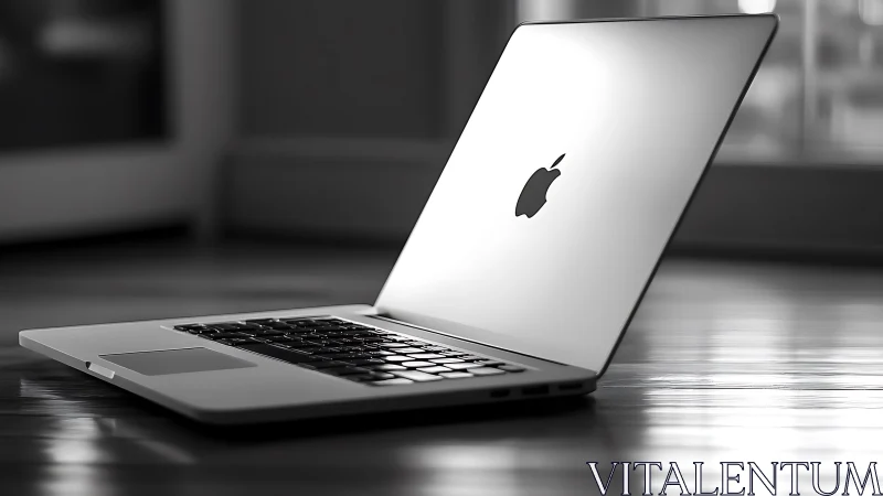 Silver laptop daydreaming in soft grayscale studio hush.