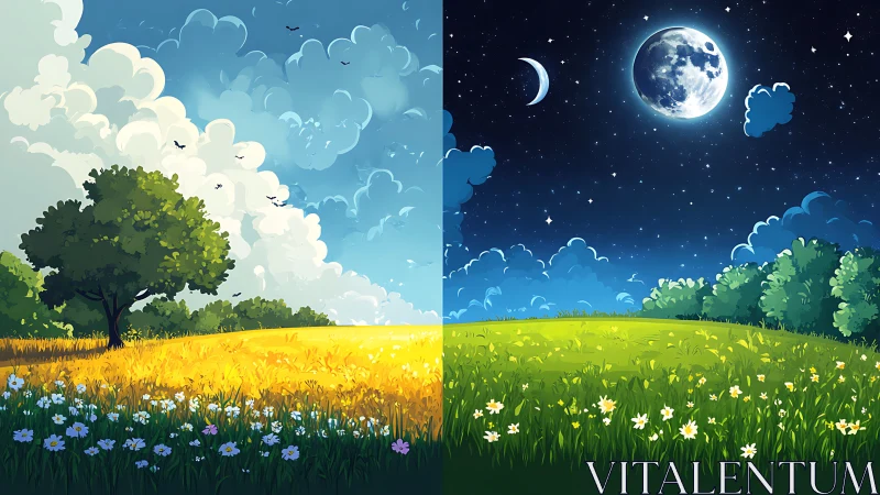 Day and night summer meadow diptych with stylized sky contrast