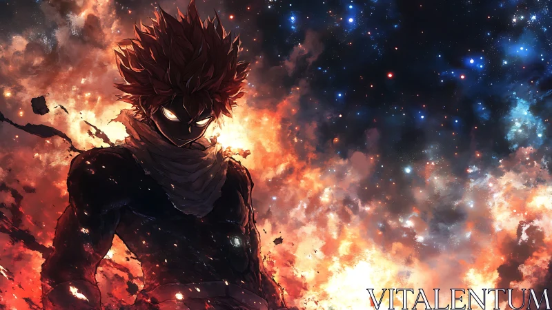 Fiery anime warrior amid cosmic nebula inferno night sky.
