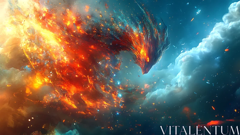Celestial firebird dives through storm-forged nebula skies.
