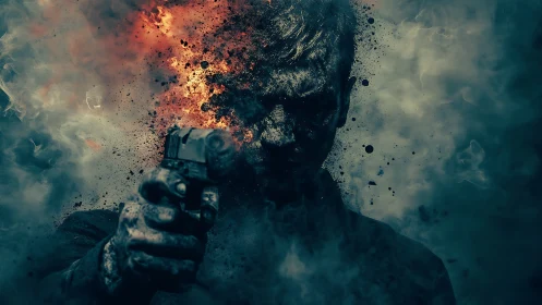 Gunman silhouette dissolves into fiery smoke and debris