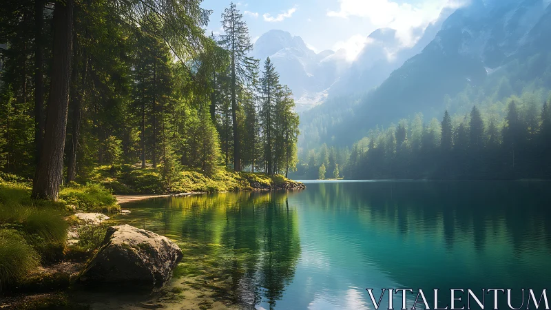 Mountain lake landscape renders atmospheric depth with light