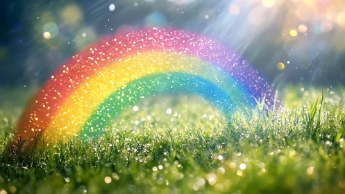 Glittering rainbow arcs over sunlit dew-covered grass field.
