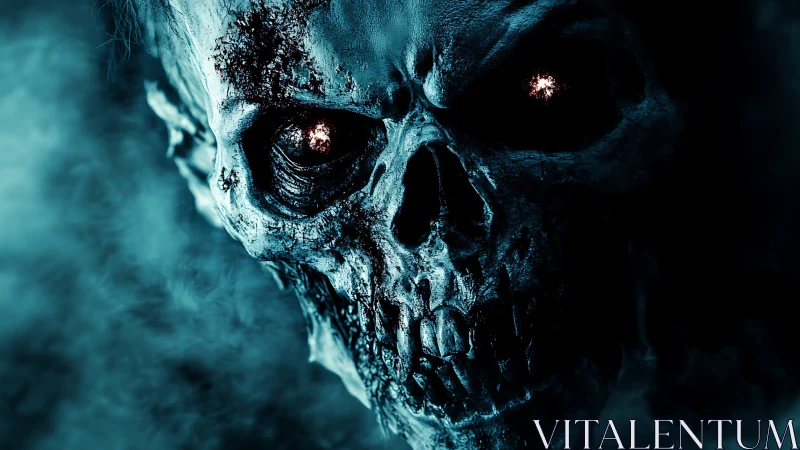Burning-eyed skull emerging from eerie blue darkness.
