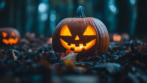 Candlelit jack o’ lantern in shallow depth woodland setting.