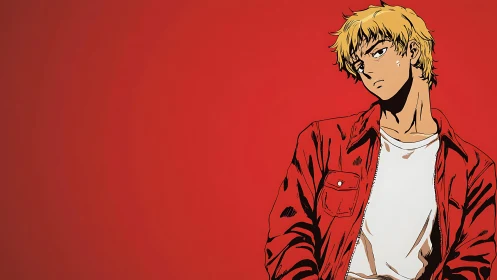Blond anime boy leaning in red jacket on red backdrop.