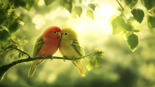 Two Colorful Lovebirds Cuddling on a Branch, Soft Nature Lighting.