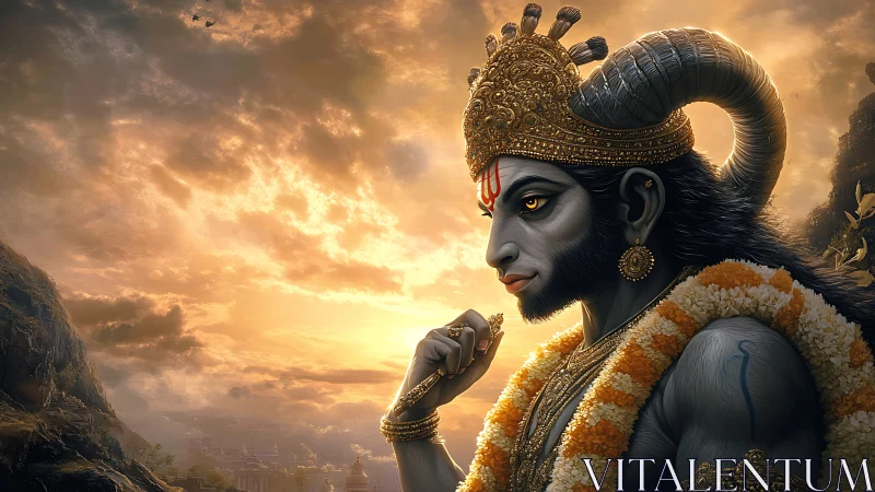 Majestic horned deity contemplates quietly in golden sunset