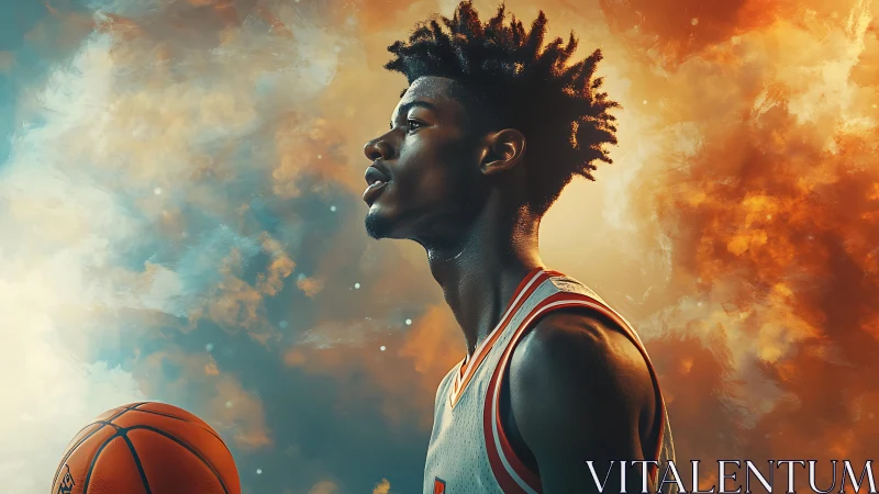 Profile portrait of basketball player in dramatic sky light.