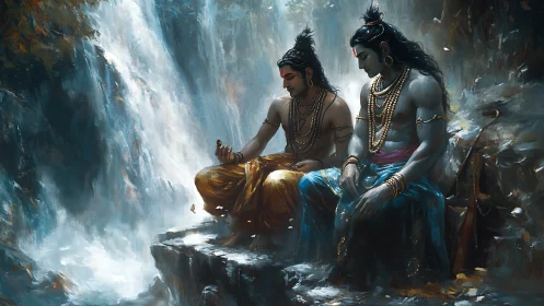 Two seated mythic figures beside cascading waterfall, detailed.
