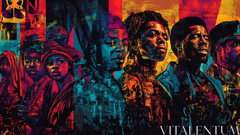 Group portrait in saturated red, blue and yellow palette.